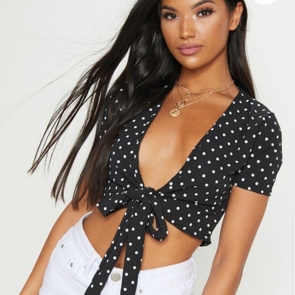 Black Polka Dot Chiffon Tie Front Blouse